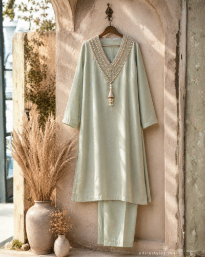 Pista Green Pearl Mirror Work Co-ord Set