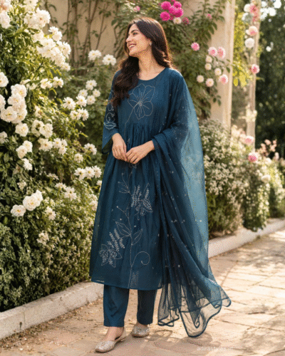Navy Blue Thread Embroidered Kurta Set