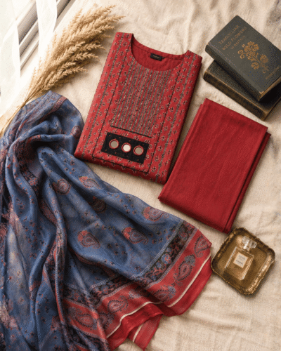 Rust Cotton Suit Material with Printed Cotton Silk Dupatta